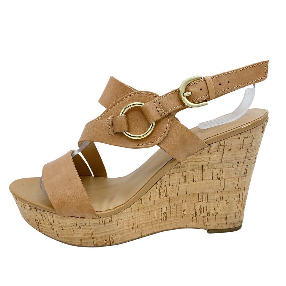 Franco Sarto Surprise Tan Cork Platform Sandals Gold Hardware Ring Detail